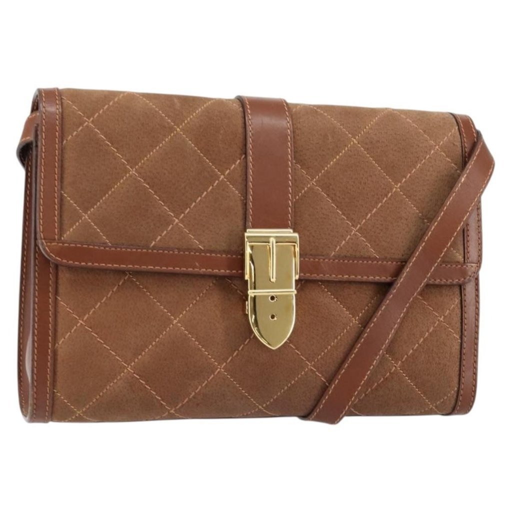 Gucci Shoulder Bag Suede Leather Brown Gold Auth